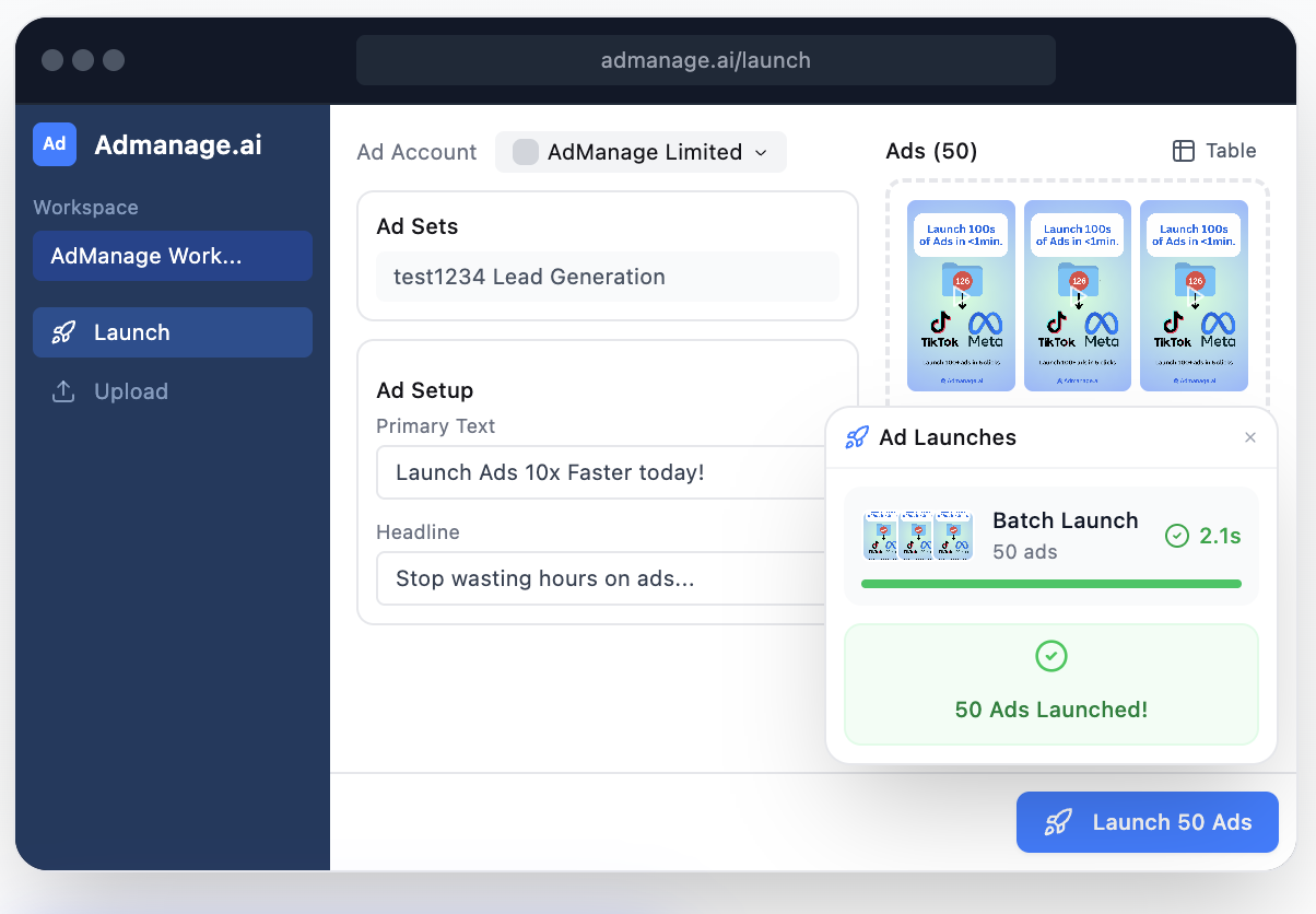 The AdManage launcher pushing a batch of Meta and TikTok ads live in one pass
